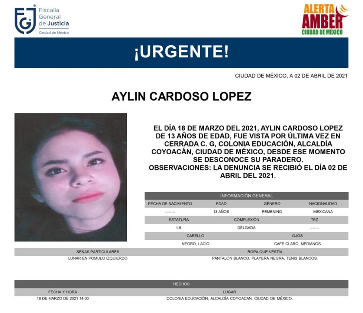 Emiten alerta amber para Aylin Cardoso, joven desaparecida en Coyoacán 