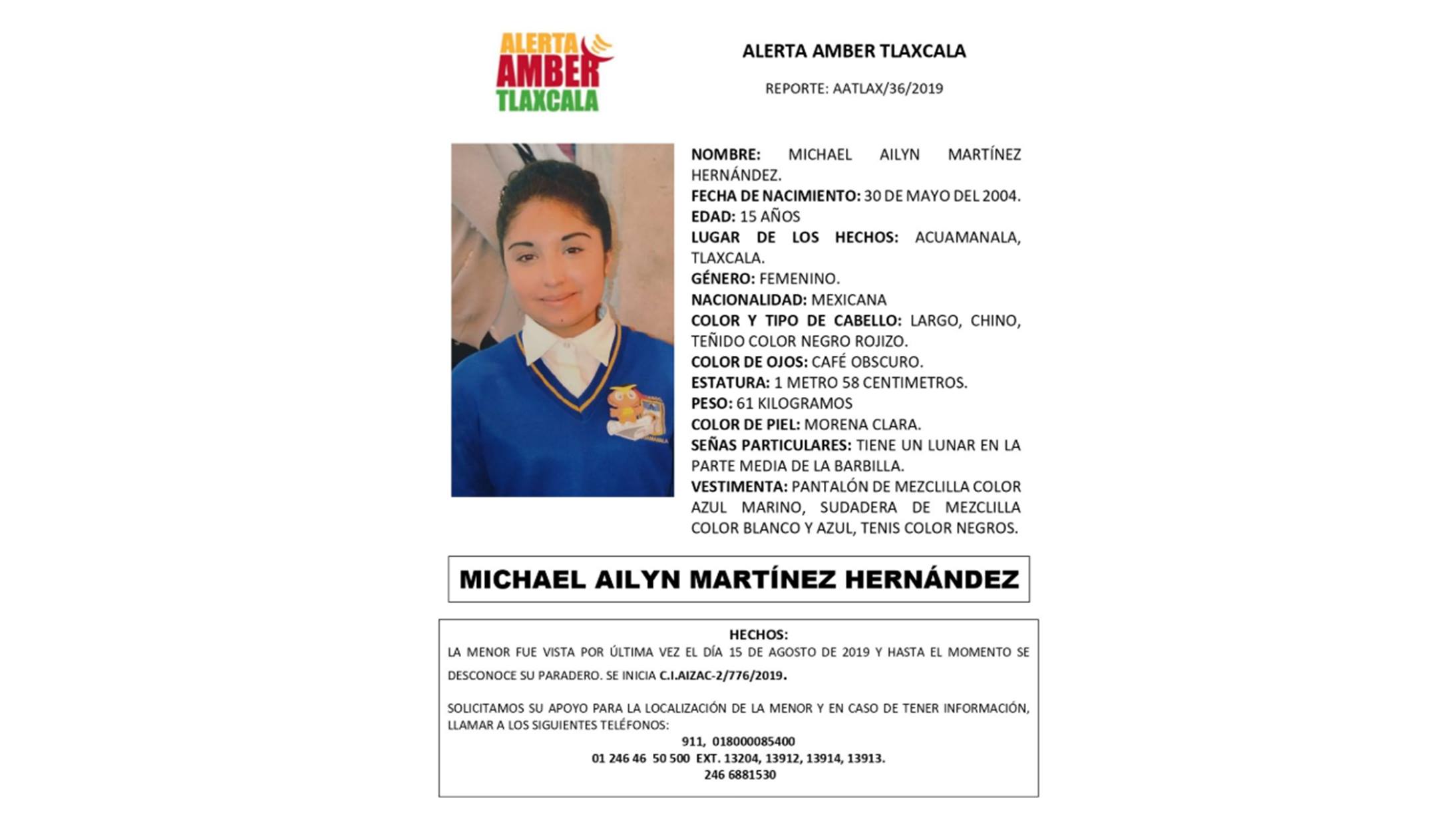 Desaparece menor de 15 años en Tlaxcala; activan Alerta amber