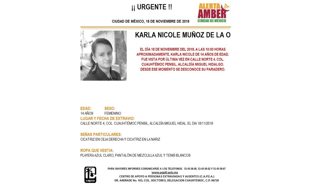 Activan Alerta Amber para localizar a Karla Nicole Muñoz en Miguel Hidalgo