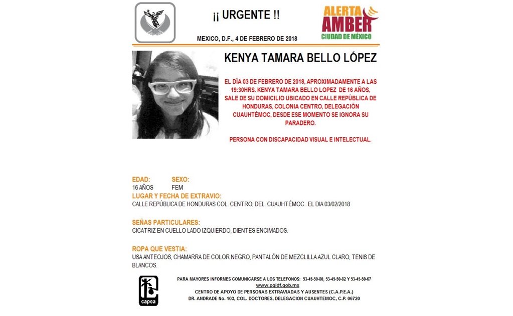 PGJ activa Alerta Amber por menor desaparecida en la delegación Cuauhtémoc