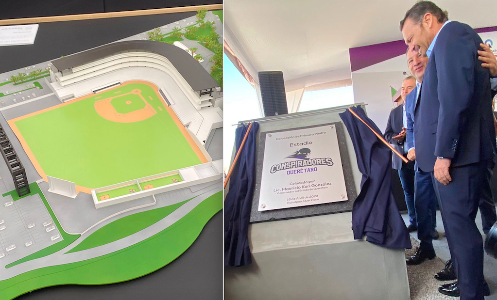 Mauricio Kuri y Pancho Domínguez develan placa del nuevo estadio de beisbol de Querétaro 