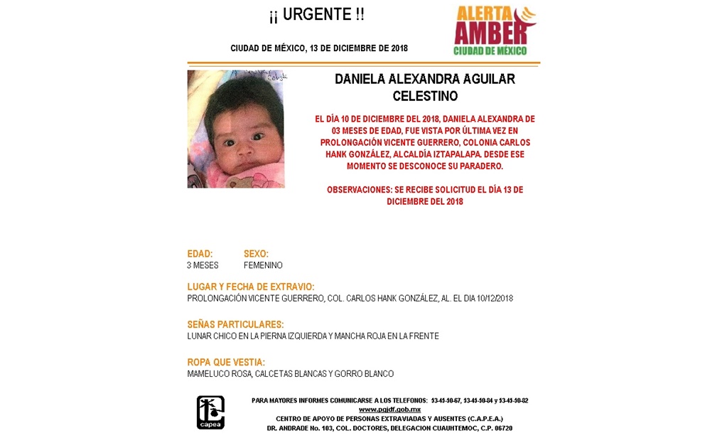 Activan Alerta Amber para localizar a Daniela Alexandra Aguilar Celestino en Iztapalapa