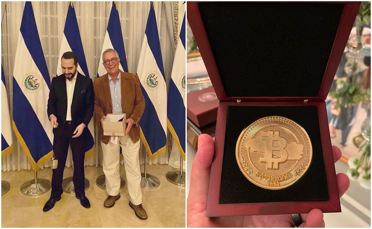 Salinas Pliego presume viaje a El Salvador; Bukele le regala un Bitcoin en moneda