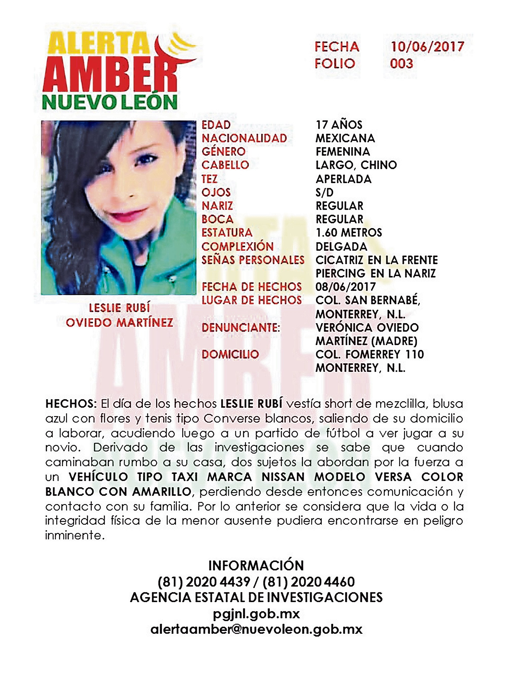 Activa Nuevo León Alerta Amber por desaparecida 