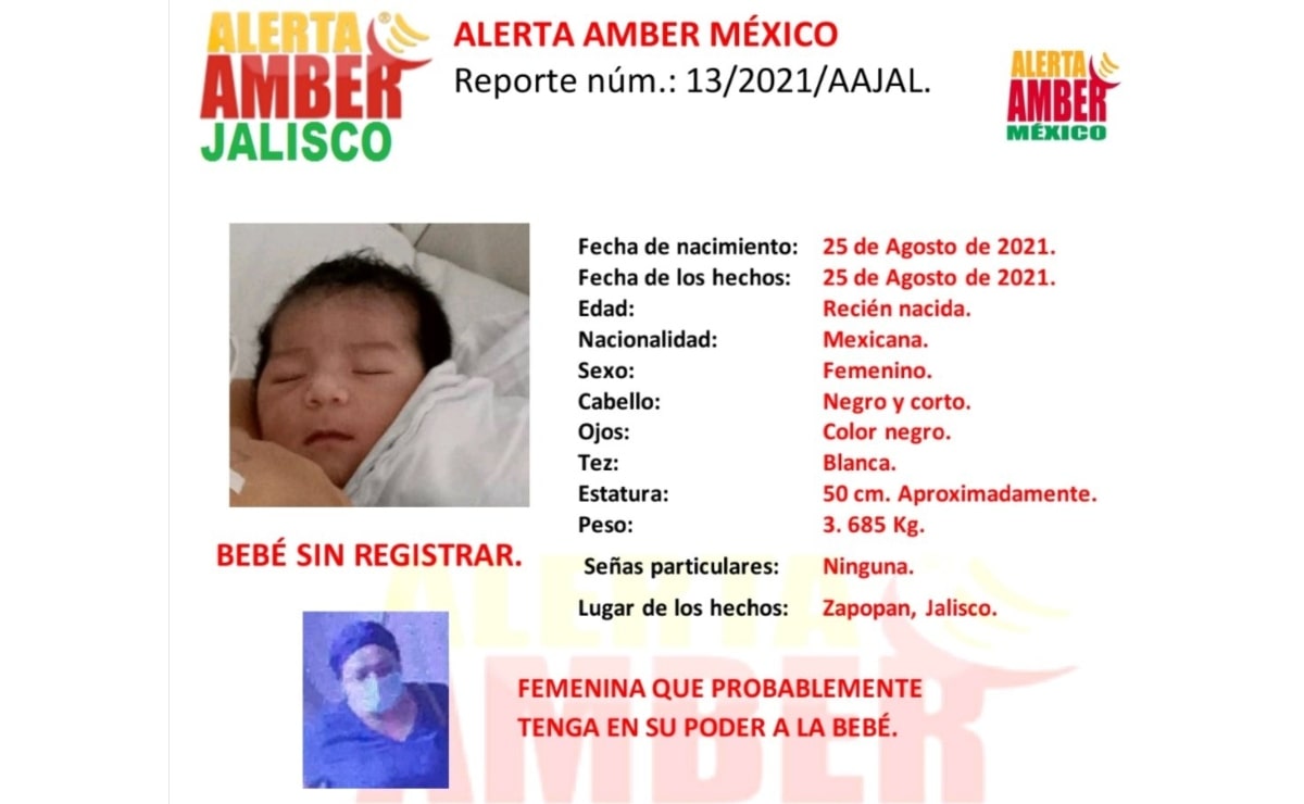 Activan la Alerta Amber para localizar a bebé robada por mujer disfrazada de enfermera en hospital de Jalisco