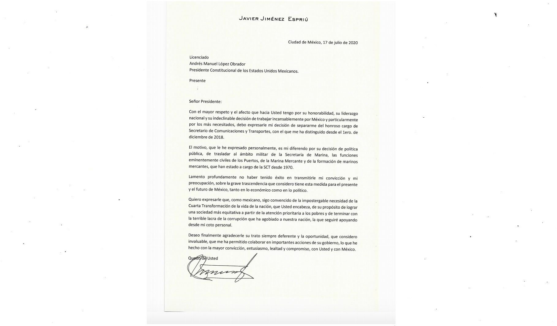 Carta íntegra de la renuncia de Jiménez Espriú de la SCT