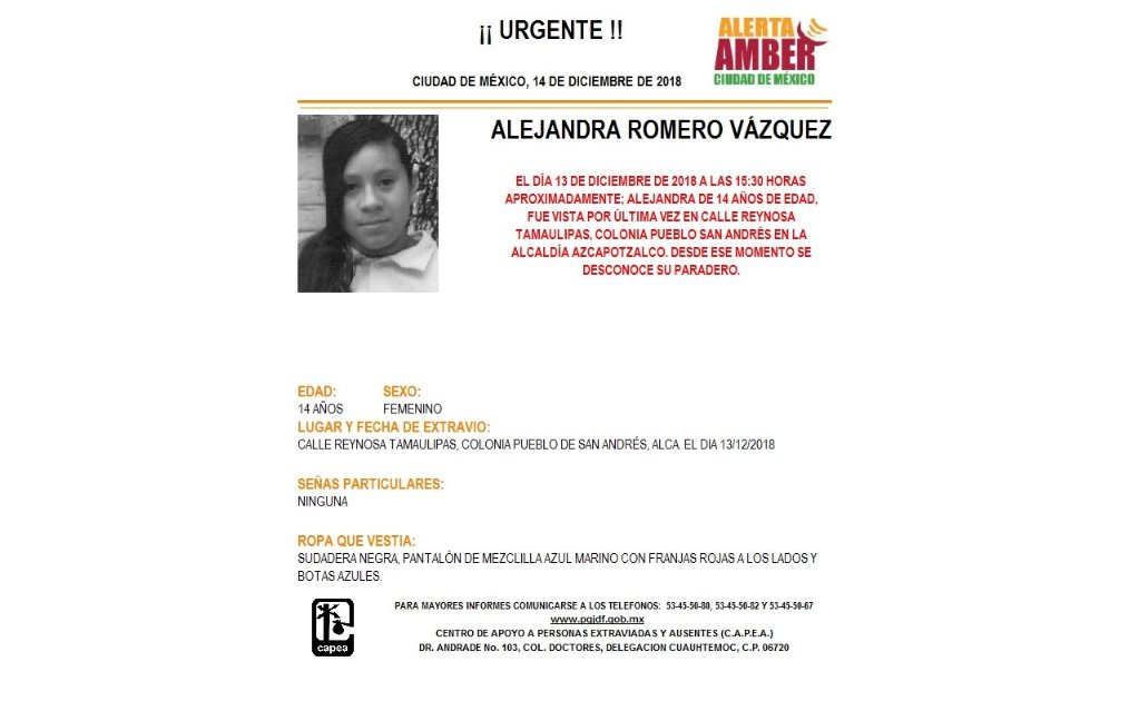 Activan Alerta Amber para encontrar a Alejandra Romero Vázquez