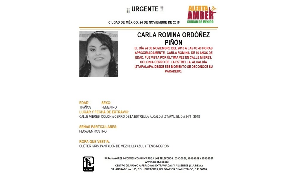 Activan Alerta Amber para localizar a Carla Romina Ordóñez Piñón
