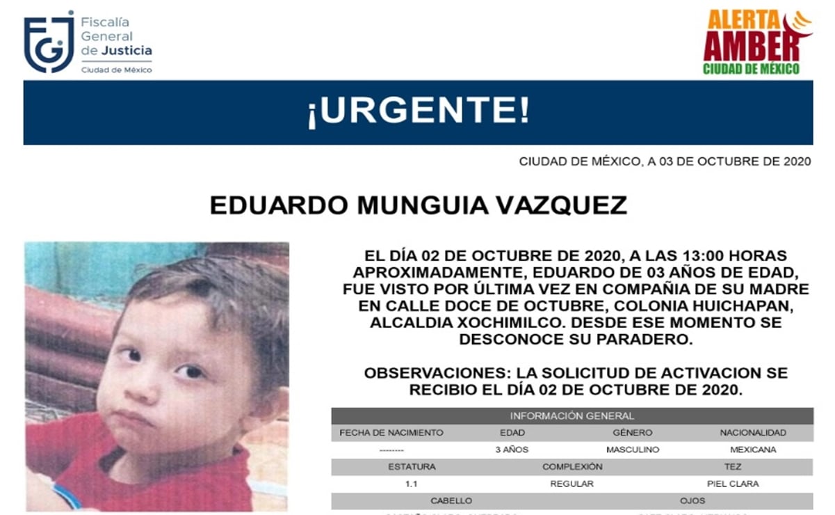 Activan Alerta Amber por la desaparición de Eduardo Munguía de 3 años en Xochimilco