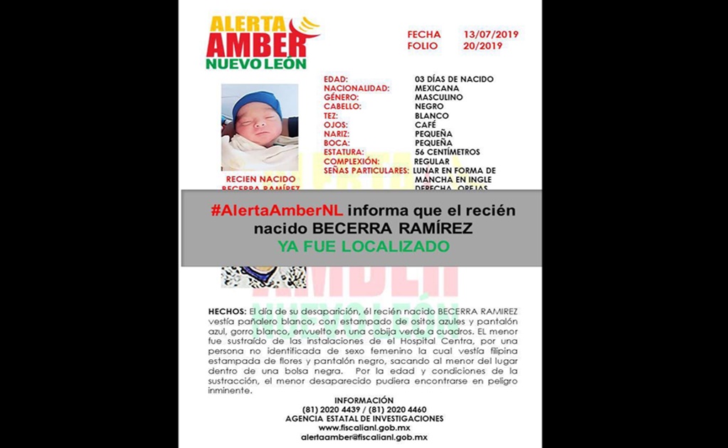 Localizan a recién nacido robado en Nuevo León 