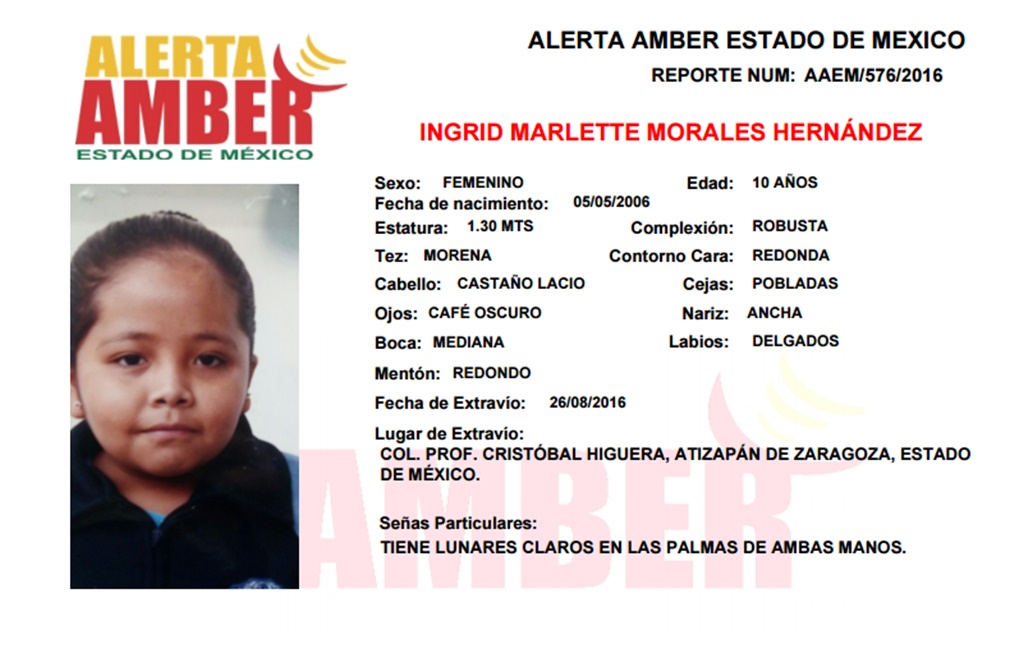 Emiten Alerta Amber por menor desaparecida en Atizapán