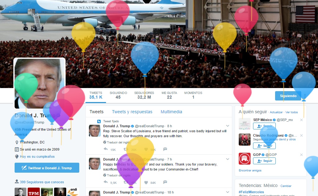 Twitter celebra a Trump en su cumpleaños
