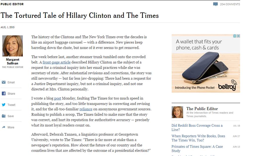 Admite NYT error en artículo sobre Hillary Clinton