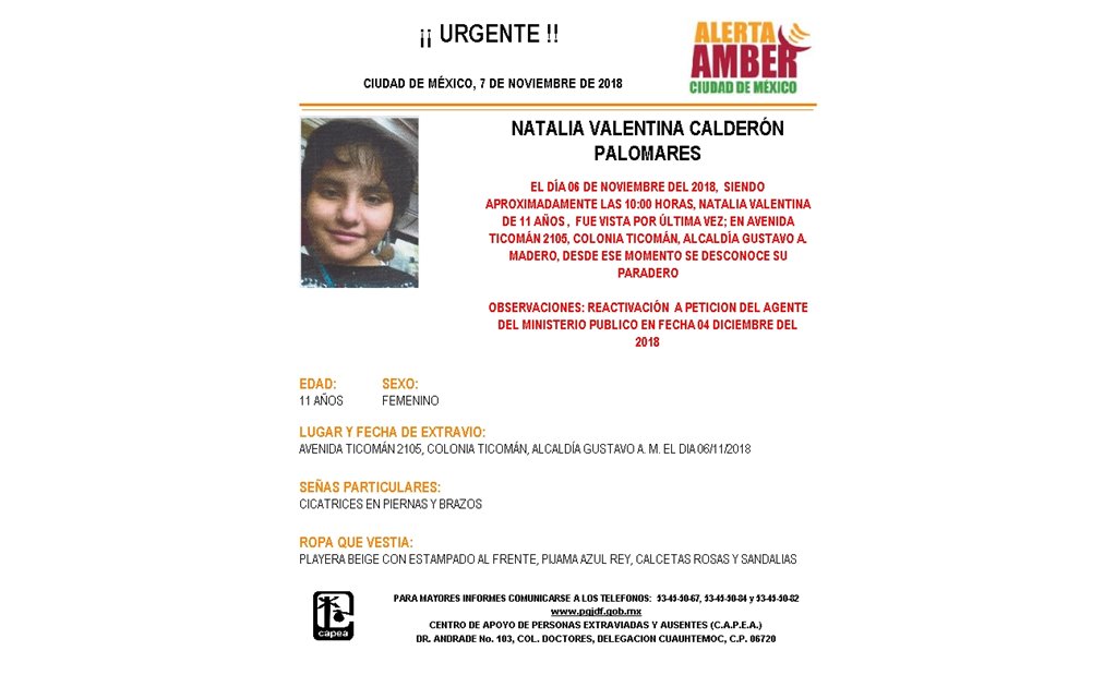 Reactivan Alerta Amber para encontrar a Natalia Valentina Calderón Palomares