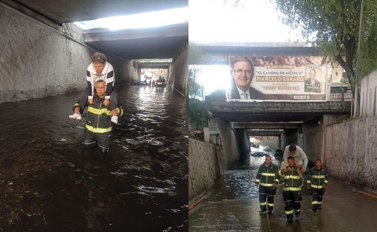 Se desploma carpa y vehículos quedan varados en bajo puente por lluvias y granizada en Tlalnepantla