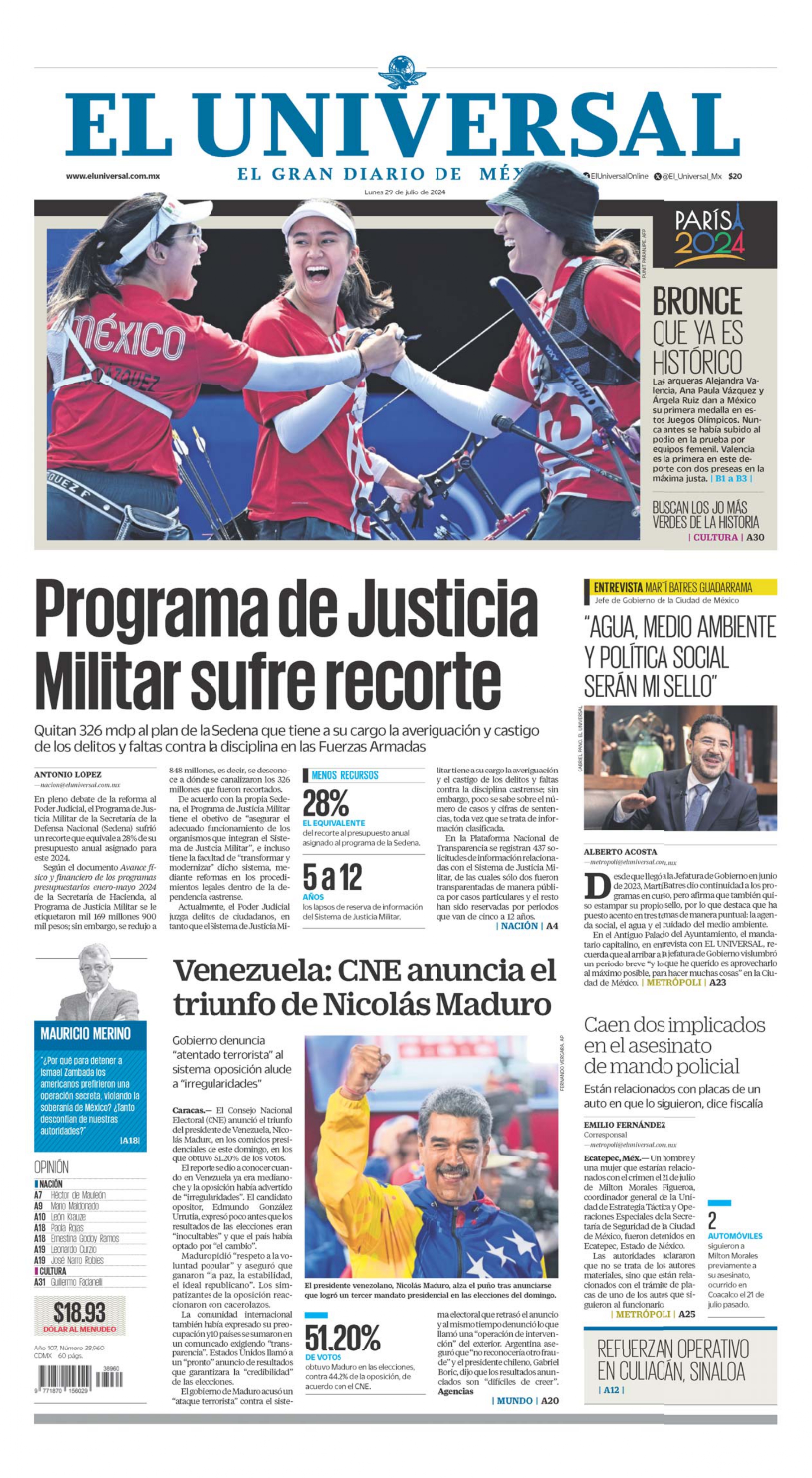 Portada impresa del 29 de junio de 2024