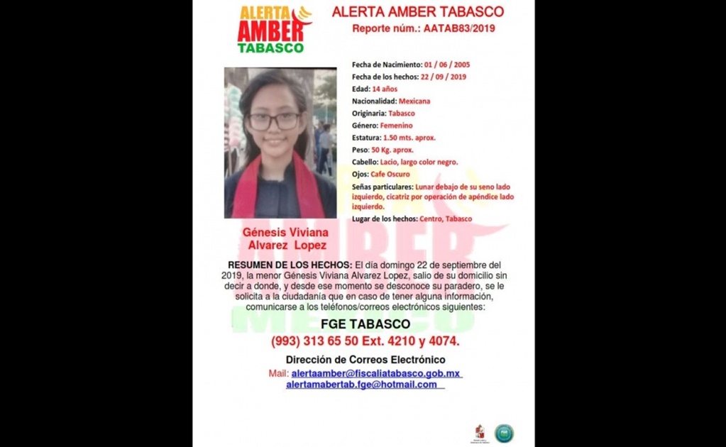 Activan Alerta Amber por la desaparición de Génesis Viviana de 14 años, en Tabasco