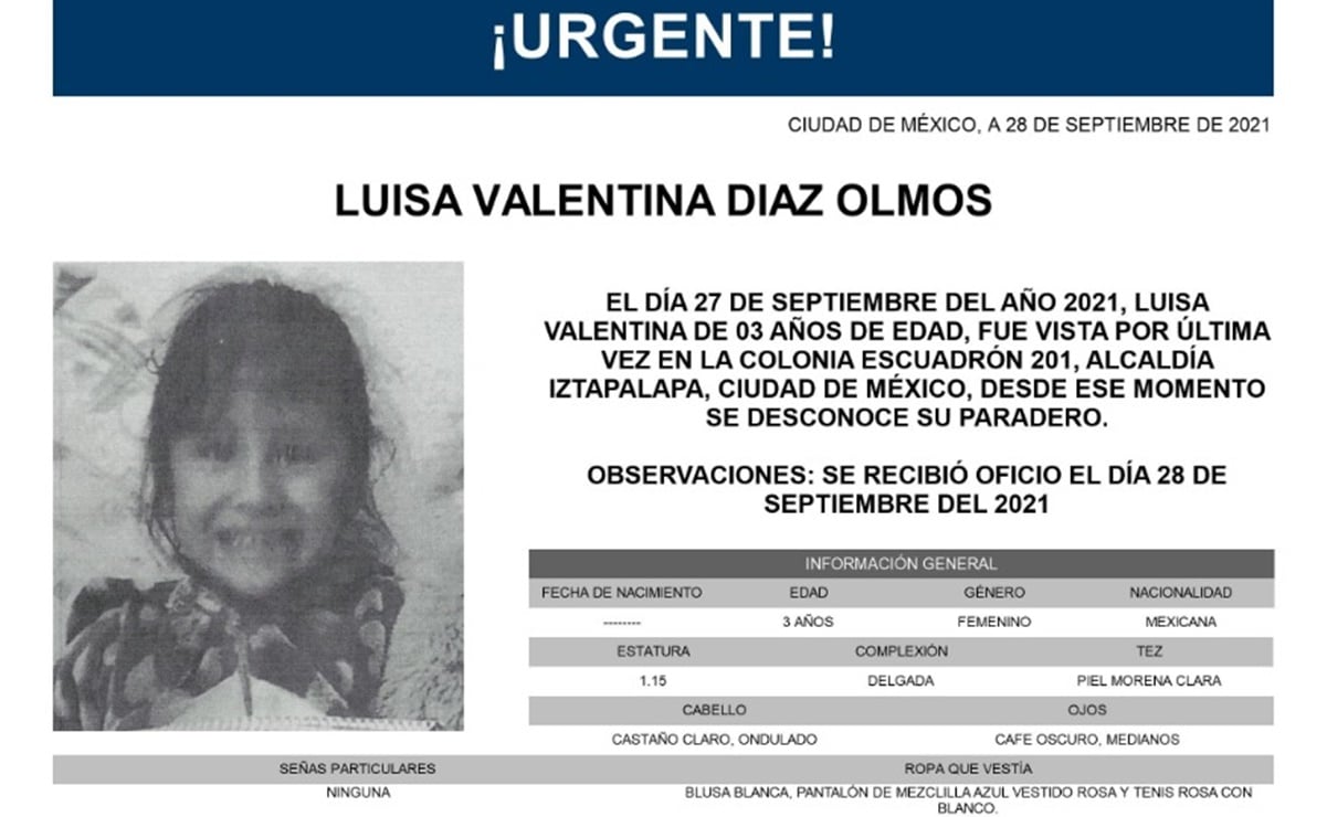 Activan Alerta Amber para localizar a Luisa Valentina, niña desaparecida en Iztapalapa
