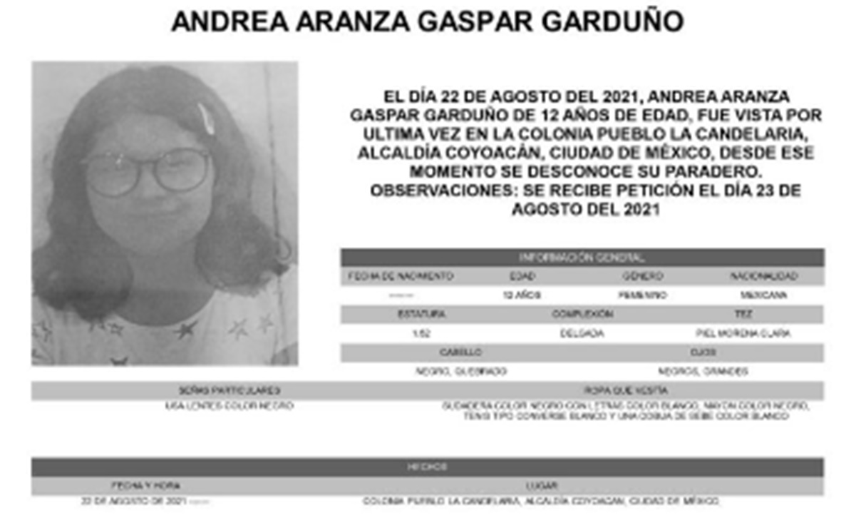 Emiten Alerta Amber para localizar a Andrea Aranza de 12 años; desapareció en Coyoacán