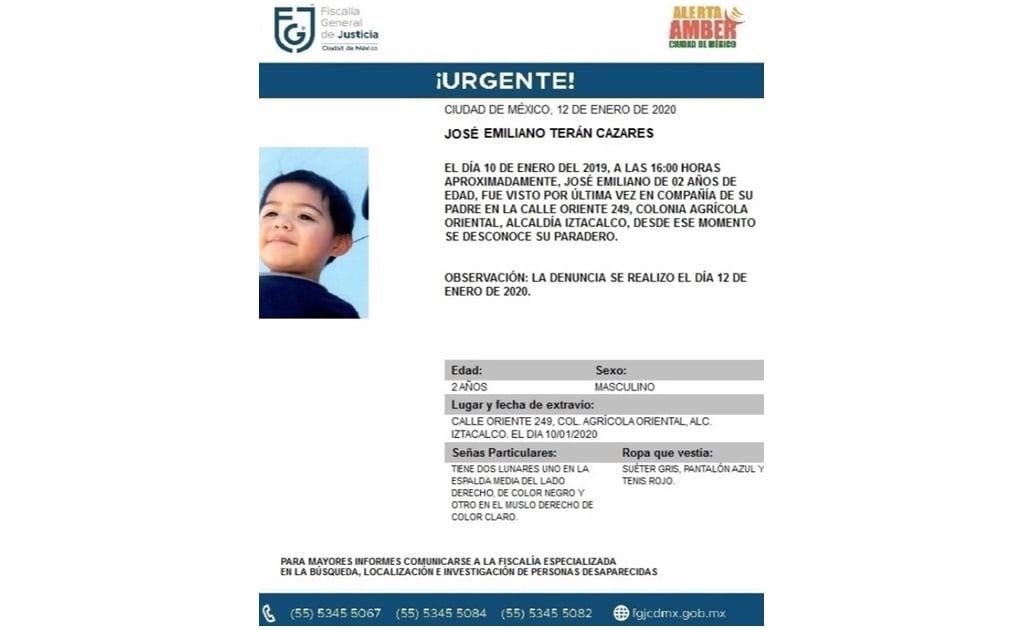 Activan Alerta Amber para localizar a José Emiliano Terán Cazares en Iztacalco