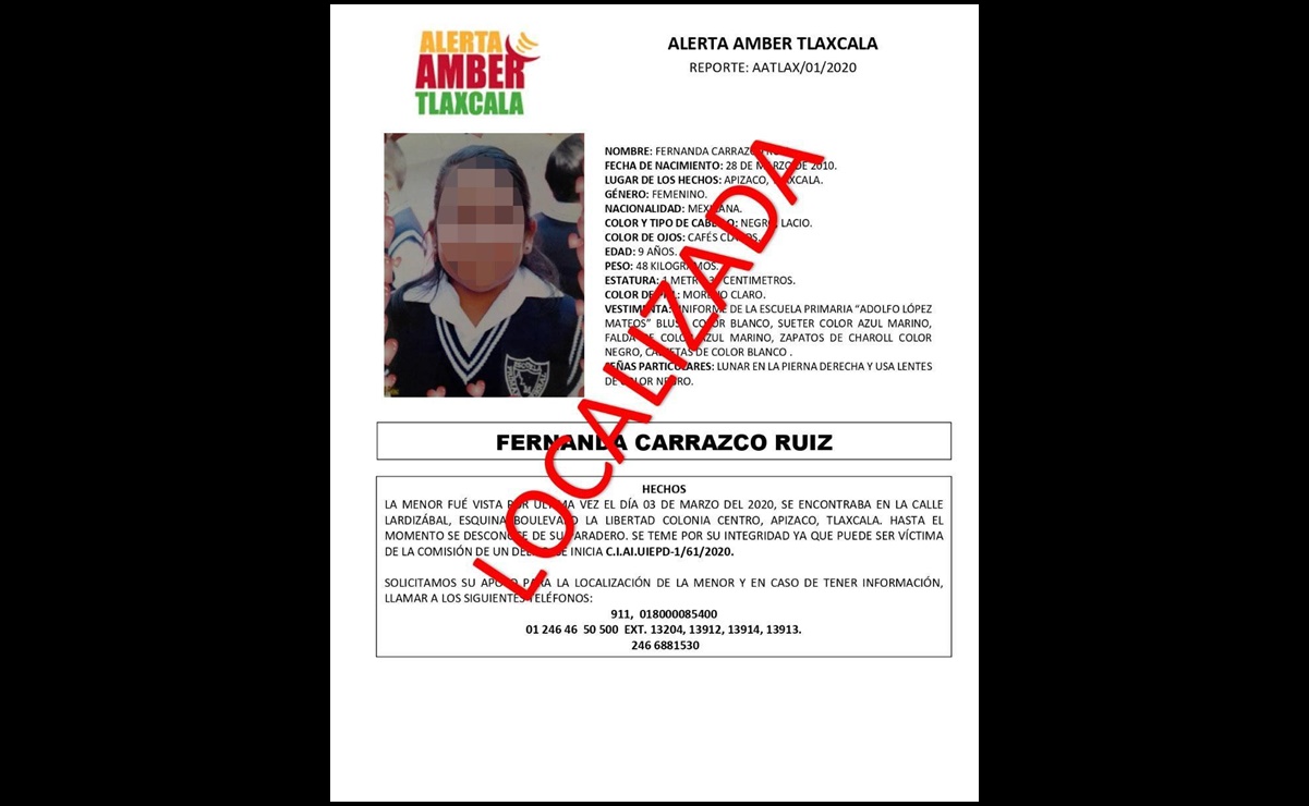 Localizan a niña de 9 años desaparecida en Tlaxcala; su madre simuló secuestro