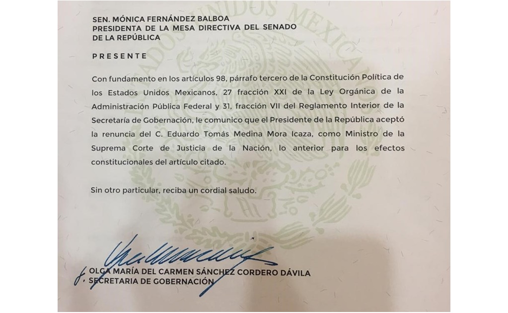 Segob informa al Senado que el Ejecutivo aceptó la renuncia de Medina Mora