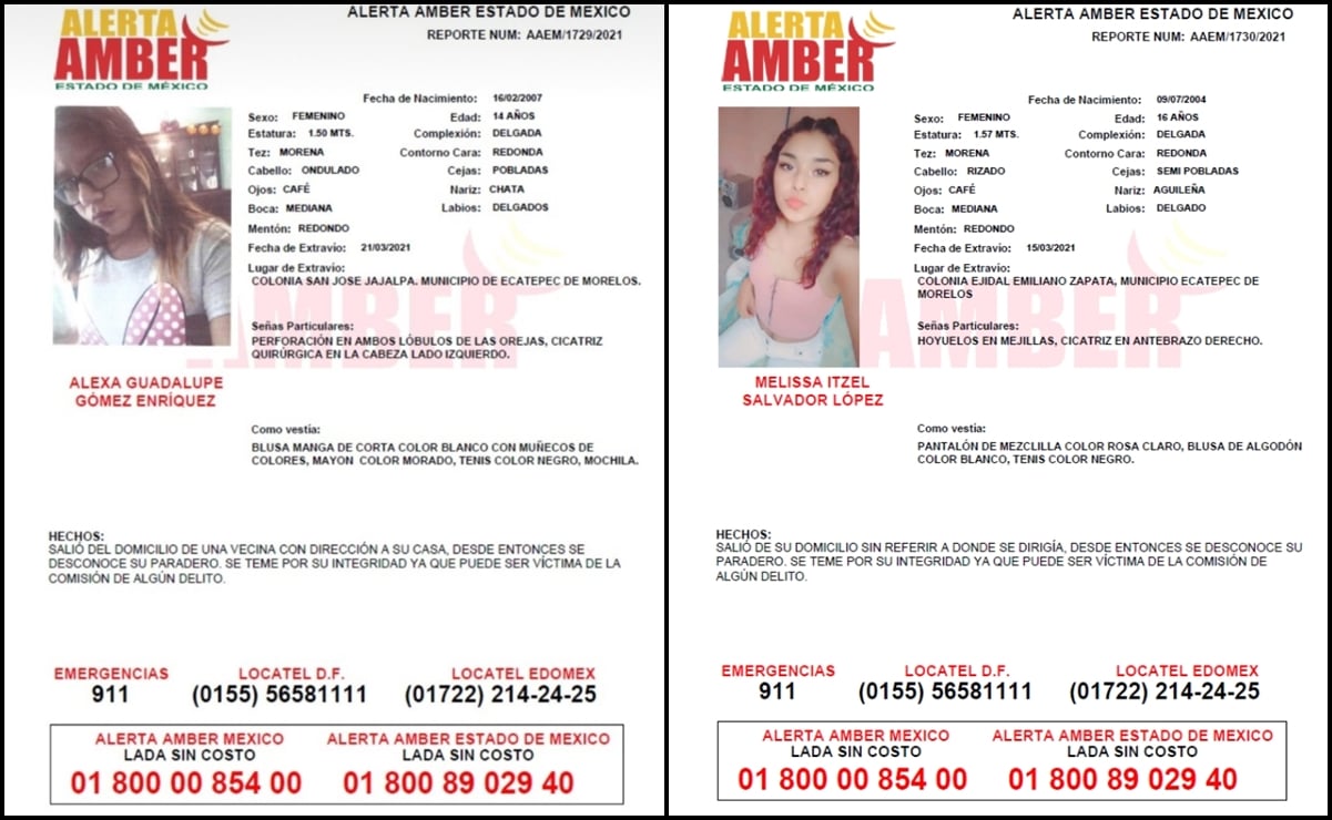Emiten Alerta Amber para jóvenes de 14 y 16 años desaparecidas en Ecatepec