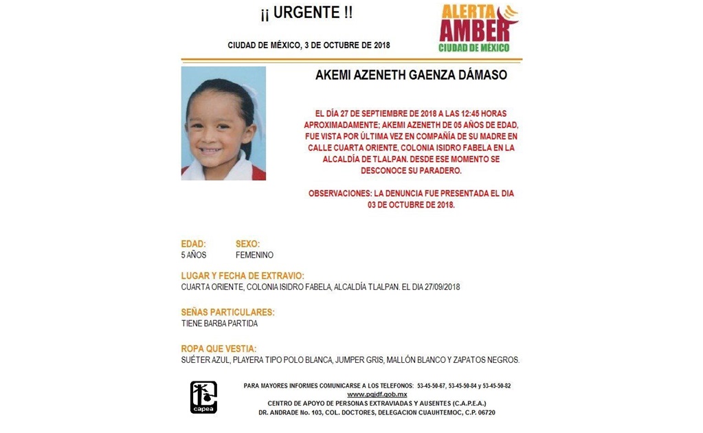 Activan Alerta Amber para localizar a Akemi Azeneth Gaenza Dámaso en Tlalpan