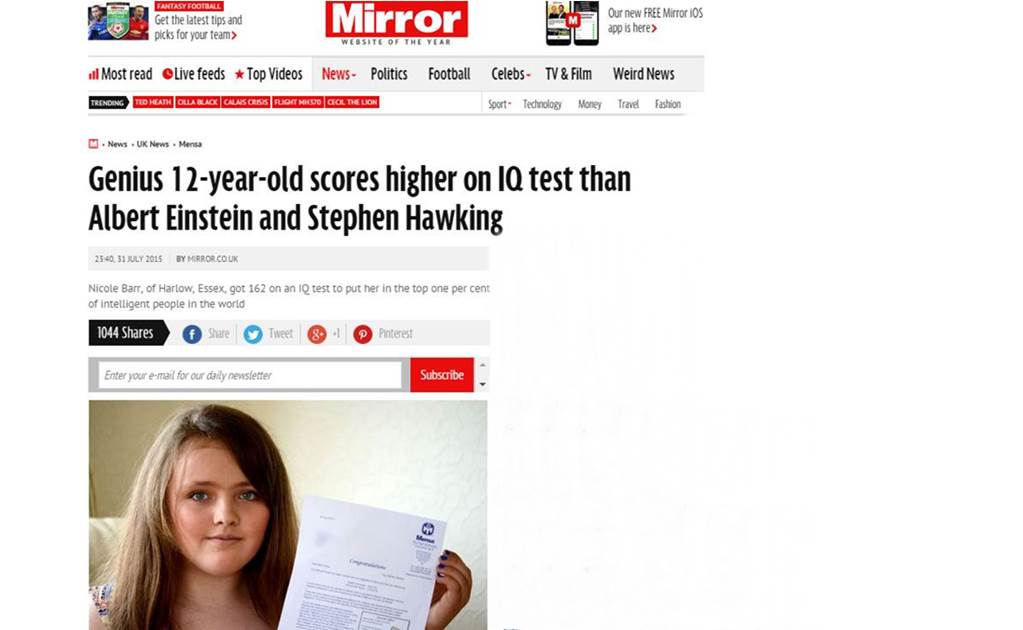 Niña supera coeficiente intelectual de Hawking y Einstein