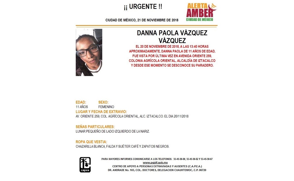 Activan Alerta Amber para localizar a Danna Paola Vázquez en Iztacalco