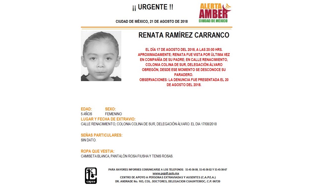 Activan Alerta Amber para localizar a Renata Ramírez Carranco en Álvaro Obregón