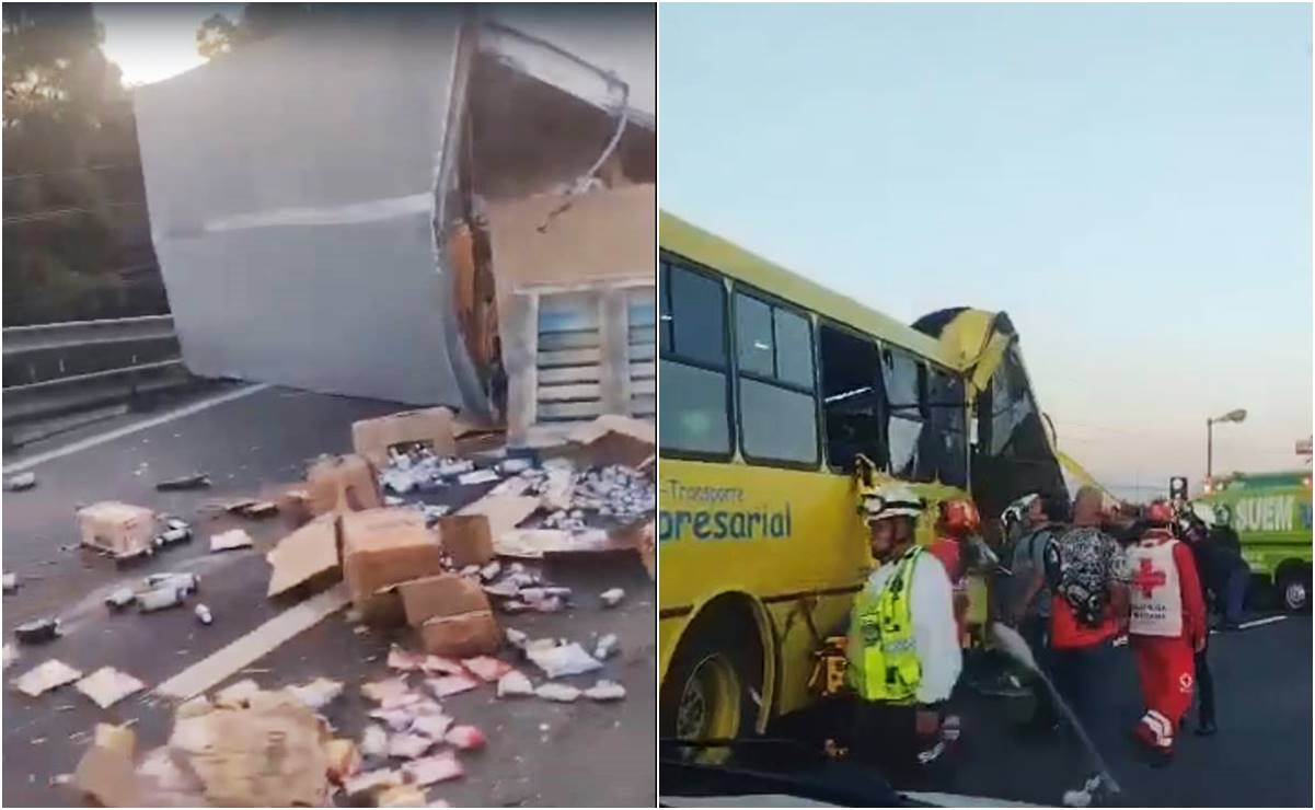México-Toluca: Vuelca camioneta de carga tras choque con camión de transporte de personal VIDEO