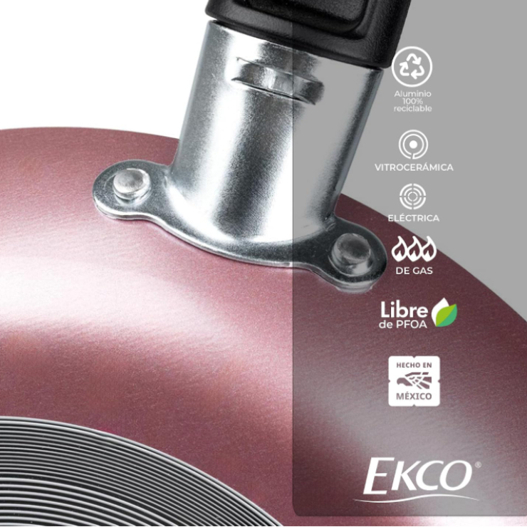 Batería Ekco Serum rosa colocada en la cocina