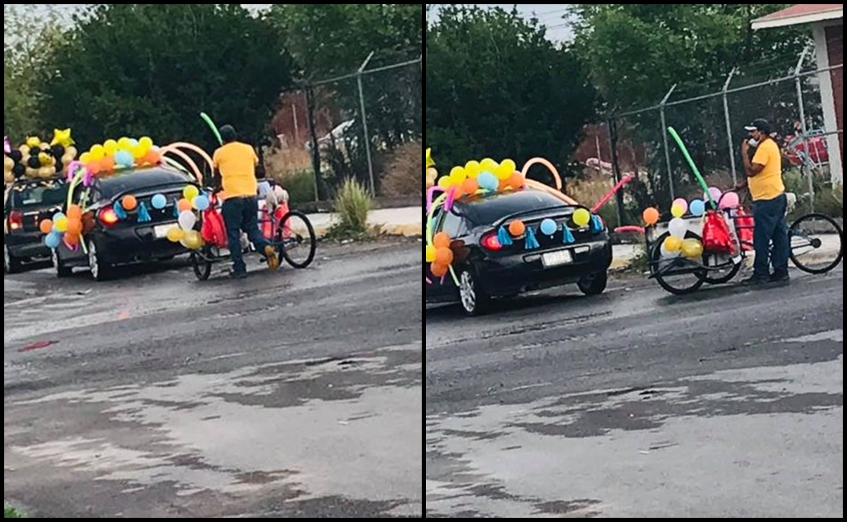 Abuelito adorna triciclo con globos para celebrar graduación de su nieta en Saltillo