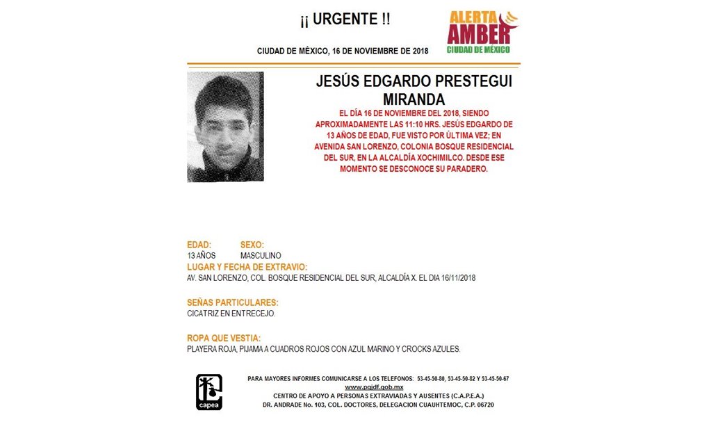 Activan Alerta Amber para localizar a Jesús Edgardo Prestegui Miranda