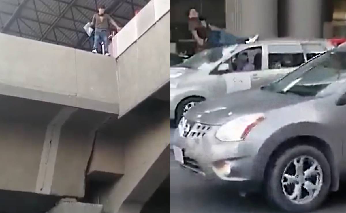 Video. Joven se lanza desde puente del Metro; cae en parabrisas de un auto y sobrevive