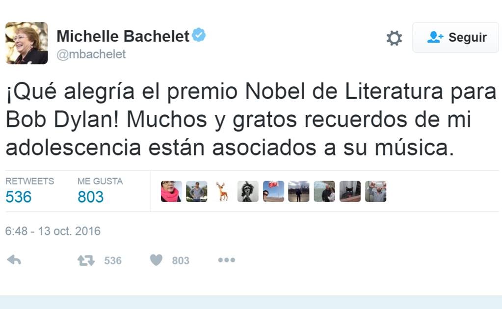 Michelle Bachelet celebra Nobel de Bob Dylan