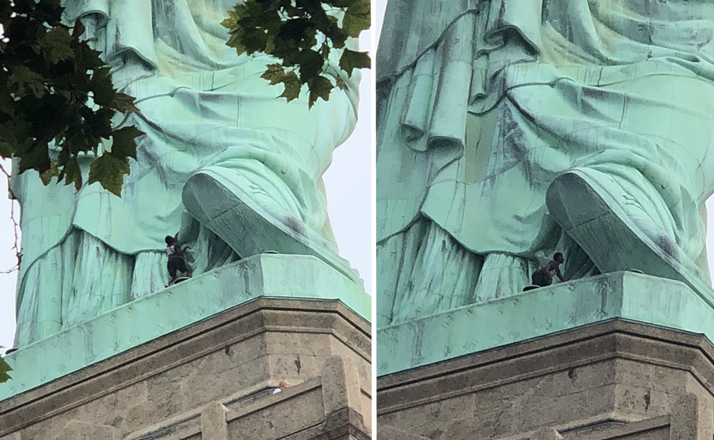 Video. Mujer escala la Estatua de la Libertad en Nueva York y provoca evacuación
