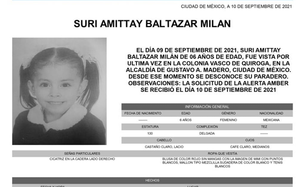 Activan Alerta Amber por Suri Amittay Baltazar menor de 6 años desaparecida en la GAM