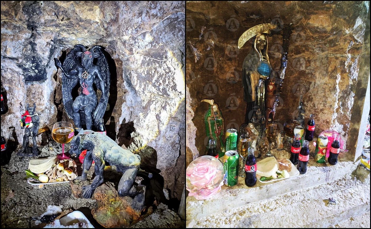 Hallan altares a la Santa Muerte y Satanás con ofrendas en túnel huachicolero en Hidalgo: FOTOS