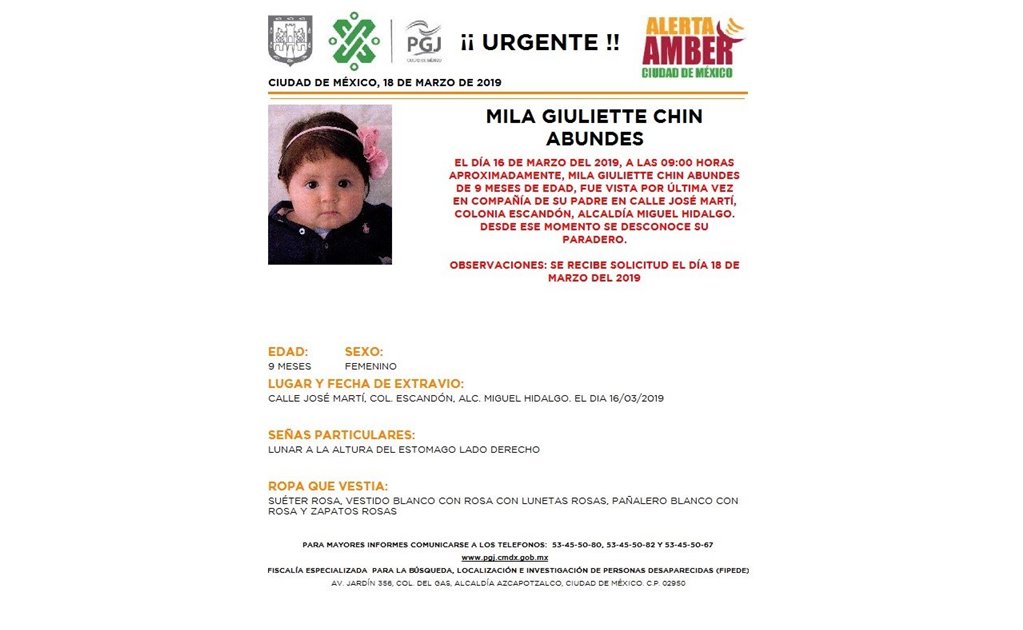 Activan Alerta Amber para localizar a Mila Giuliette Chin Abundes