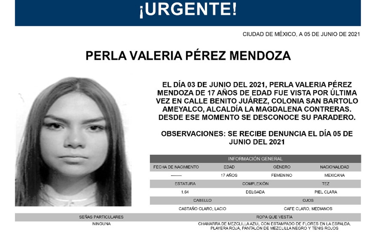 Activan Alerta Amber por Perla Valeria, de 17 años, desaparecida en Magdalena Contreras