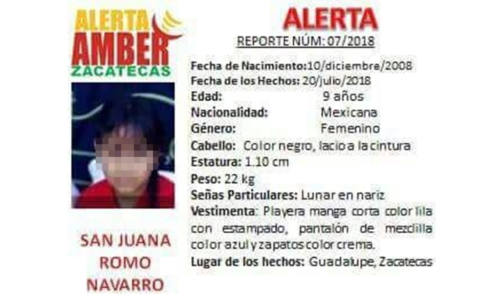 Confirman que cuerpo encontrado en Zacatecas corresponde a la niña San Juana Romo