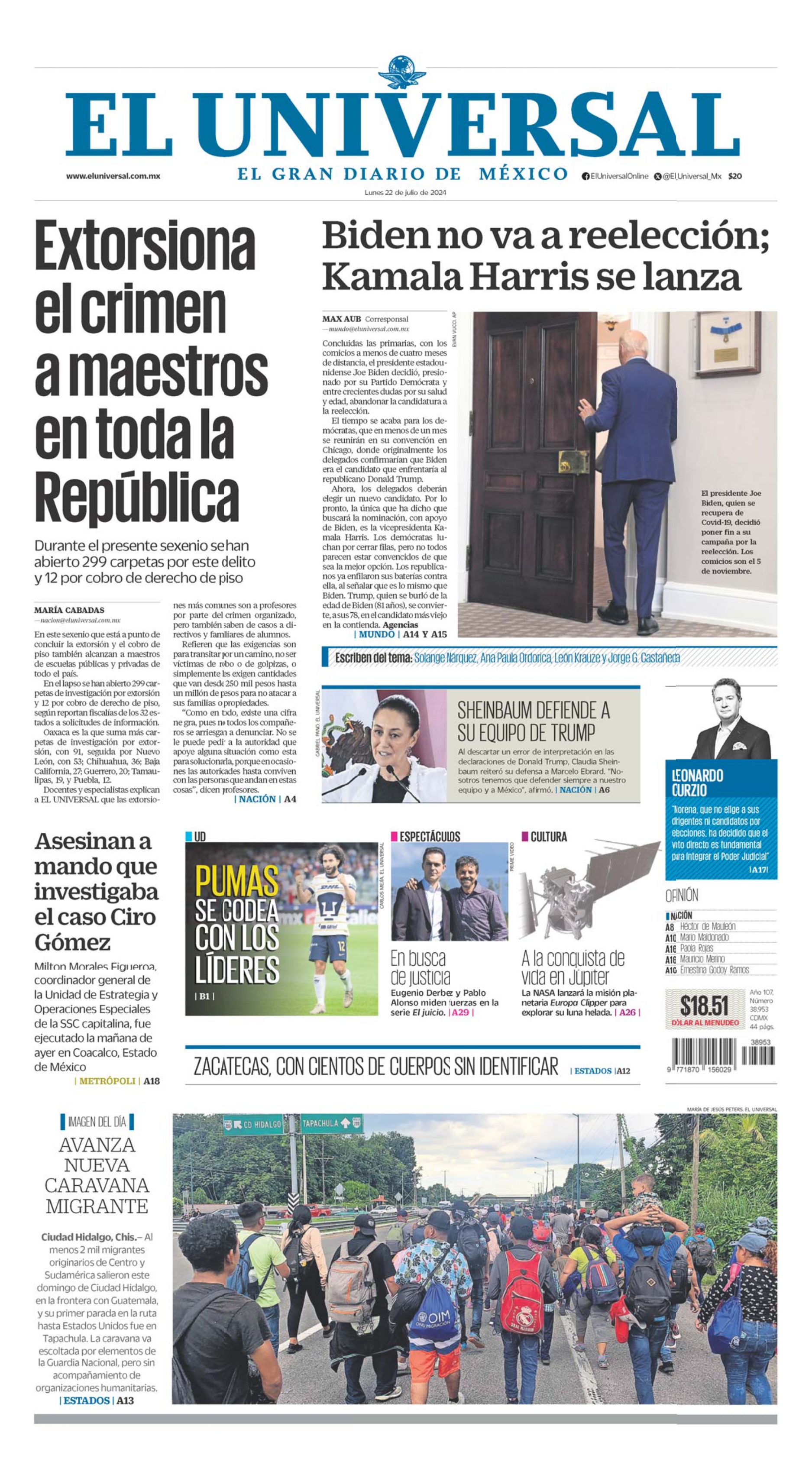 Portada impresa del 22 de julio de 2024