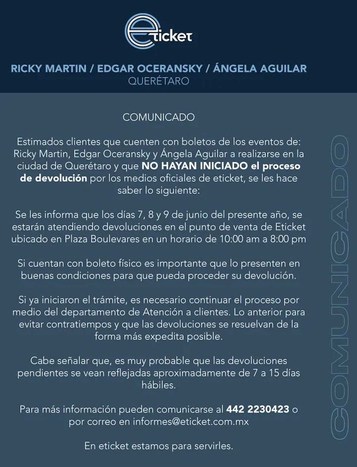 Anuncian reembolso de los conciertos de Ricky Martin, Edgar Oceransky y Ángela Aguilar en Querétaro