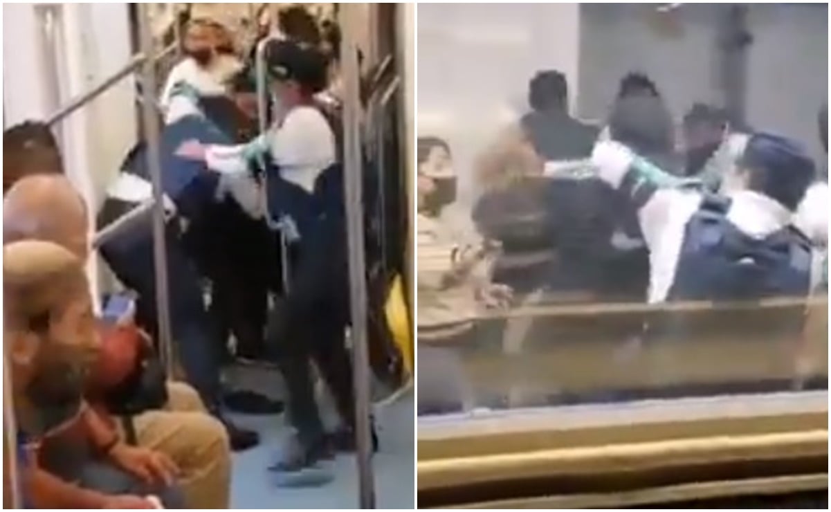 Captan riña entre mujeres policías y ambulantes en vagón del Metro Pino Suárez