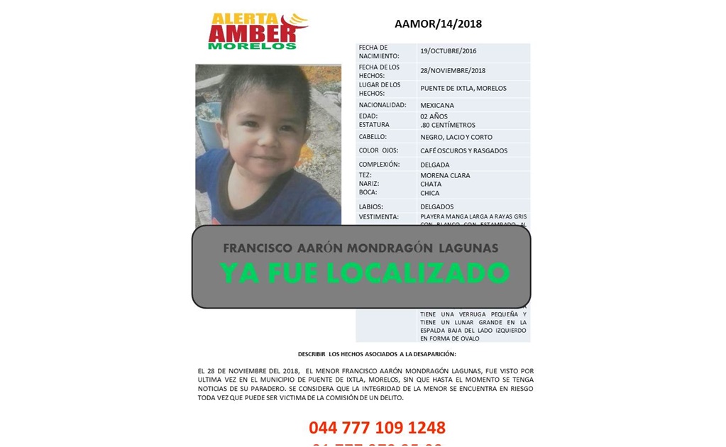 Localizan a menor desparecido desde el jueves en Morelos