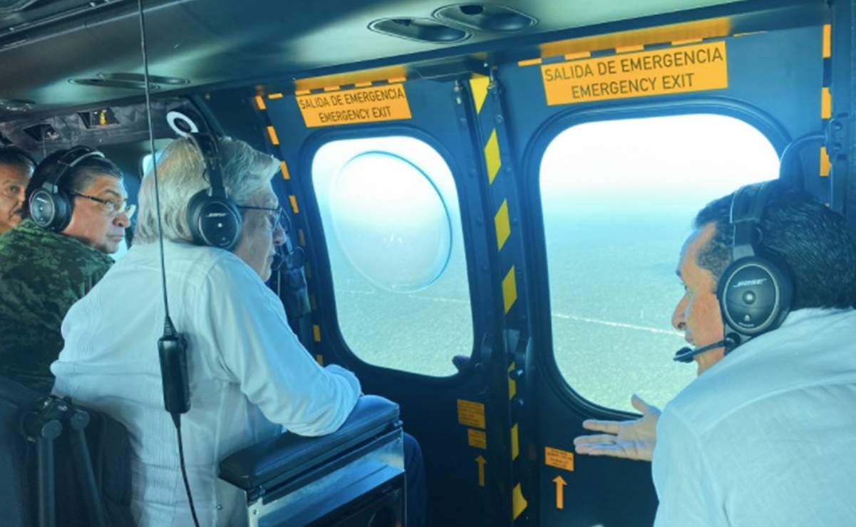 En avión de la Fuerza Aérea, AMLO supervisa avances del Tren Maya 