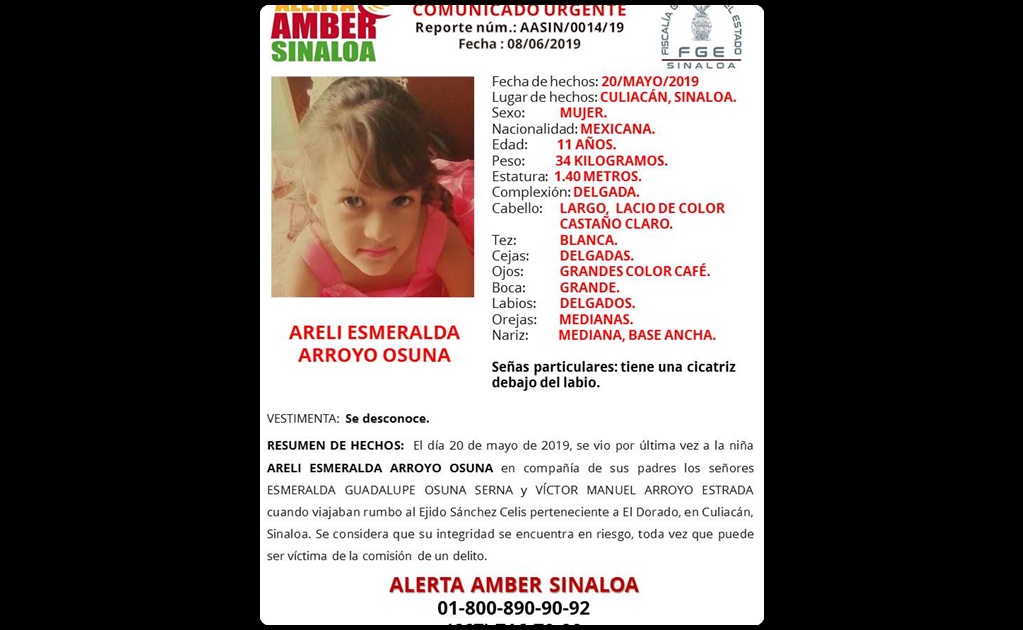 Activan alerta Amber para localizar a Areli Esmeralda en Sinaloa