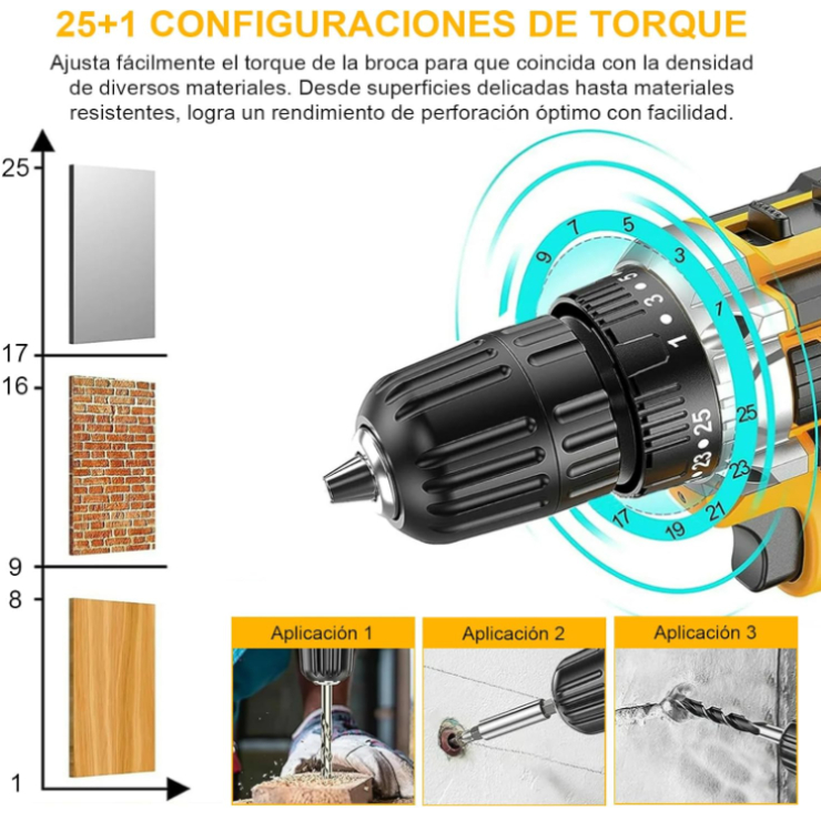 Mandril sin llave de 3/8 pulgadas y ajuste de torque de 25+1 posiciones
